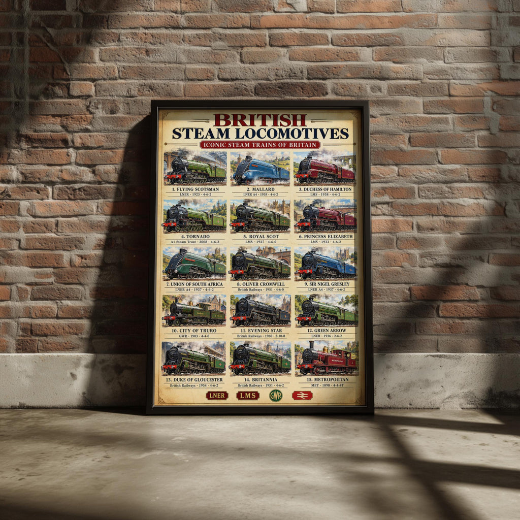 British Steam Locomotives Poster, Iconic Trains Wall Art (15 Engines)