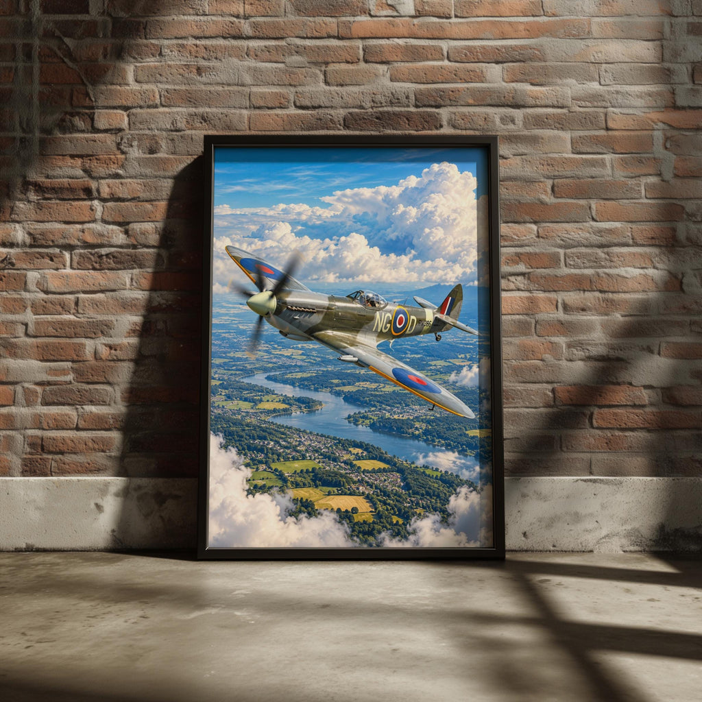 Spitfire RAF Fighter Plane Print, WWII Aerial Landscape, British Aviation Art (A4)