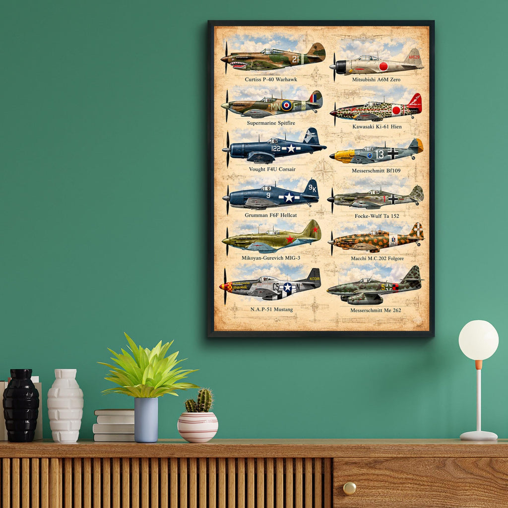 WWII Fighter Aircraft Chart Poster, 12 Iconic Warplanes, Aviation History Art (Physical Print)