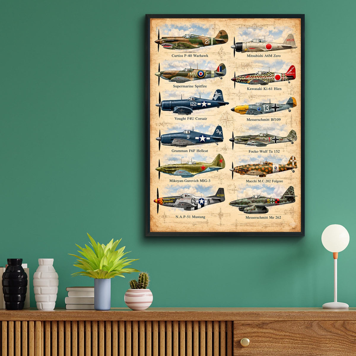WWII Fighter Aircraft Chart Poster, 12 Iconic Warplanes, Aviation History Art (Physical Print)