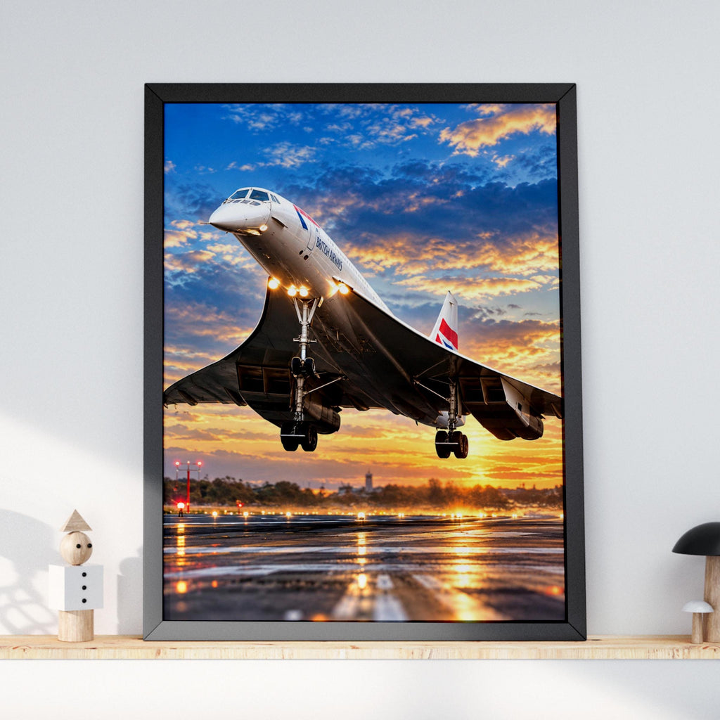Concorde Takeoff Poster, British Airways Supersonic Jet, Sunset Runway (Aviation Print)