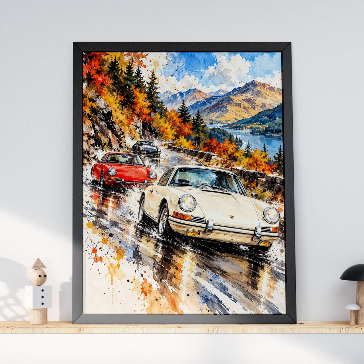 Vintage Sports Cars Watercolour Print, Autumn Mountain Road, Classic Car Poster