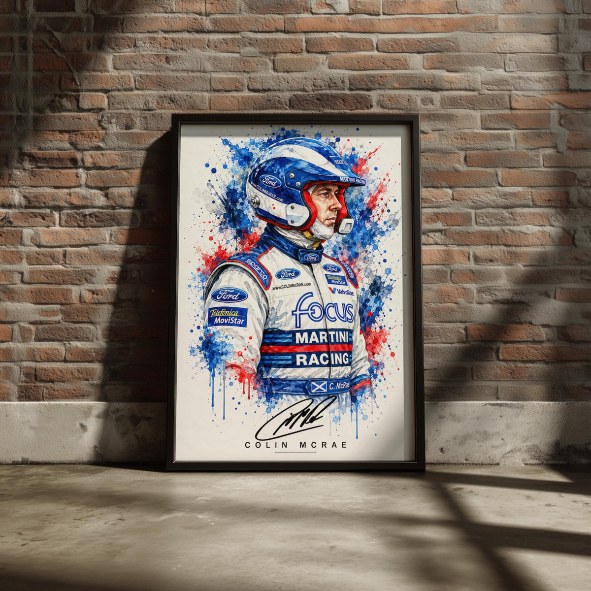 Colin McRae Martini Racing Poster, Ford Focus WRC Watercolour Splash Art (A4)