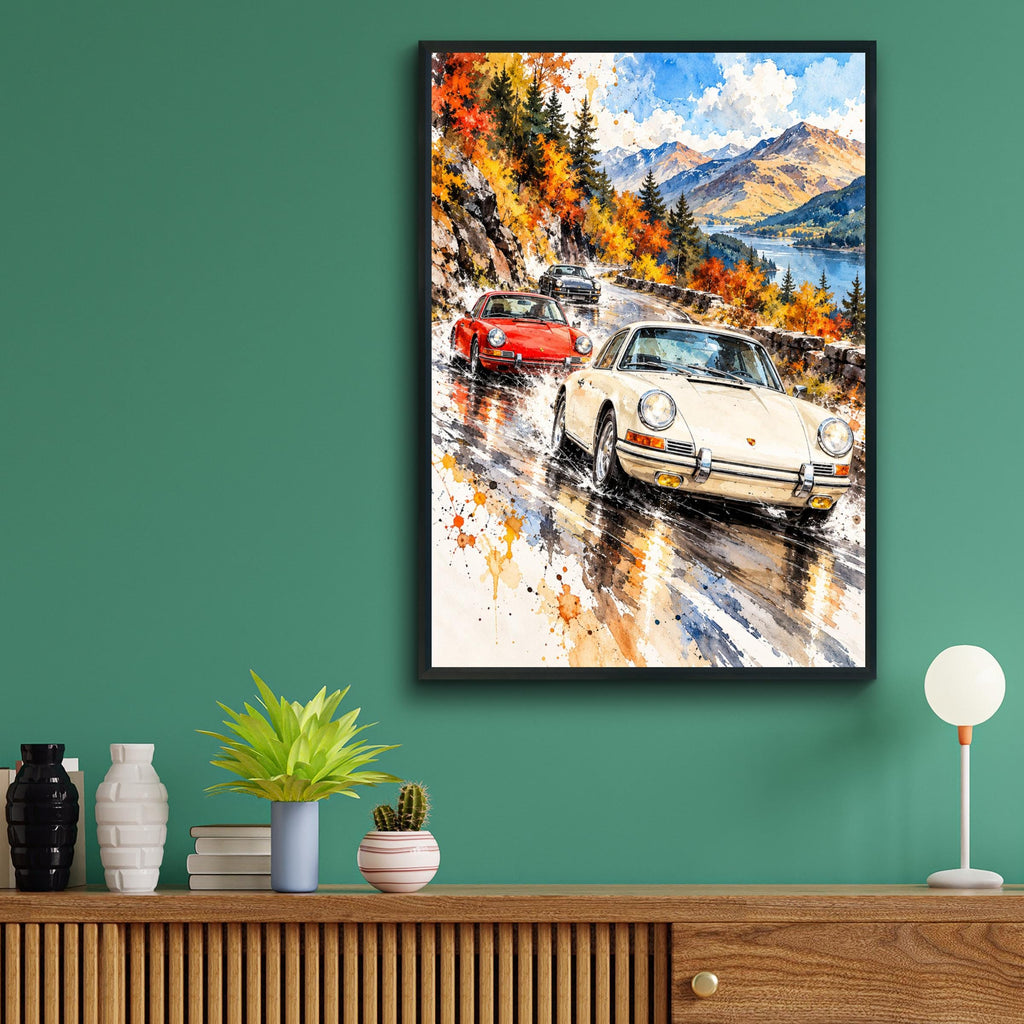 Vintage Sports Cars Watercolour Print, Autumn Mountain Road, Classic Car Poster