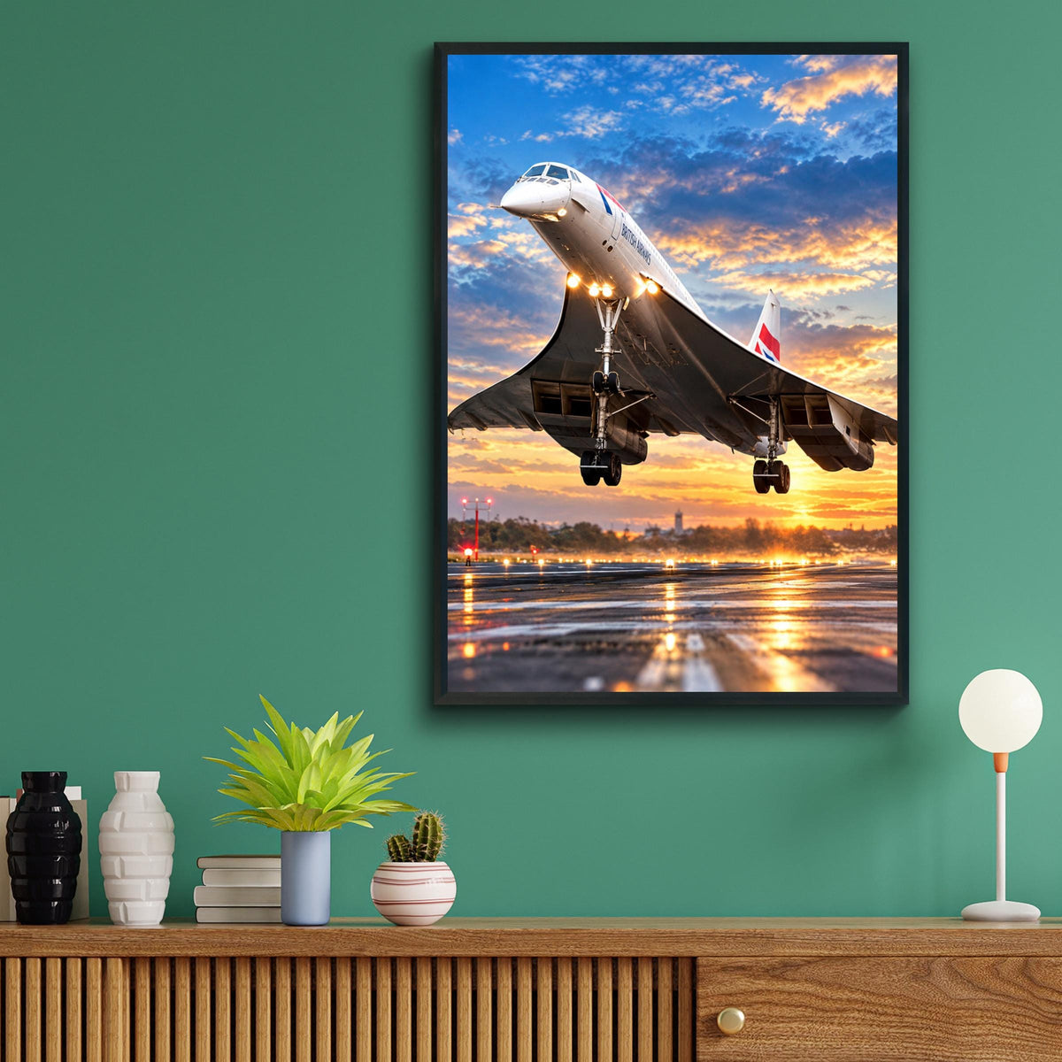 Concorde Takeoff Poster, British Airways Supersonic Jet, Sunset Runway (Aviation Print)