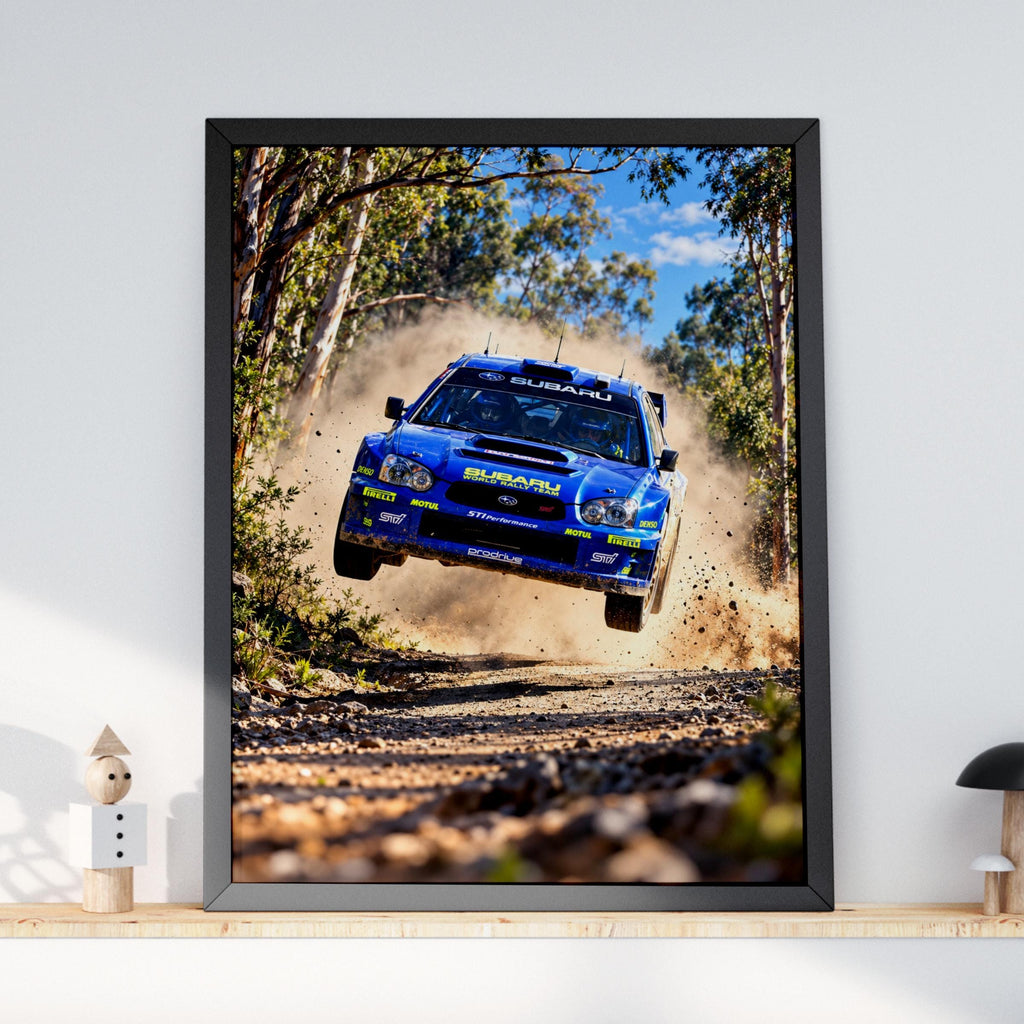 Blue Subaru WRC Rally Car Jump Poster, Dirt Track Action, Motorsport Wall Art (Print)