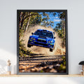 Blue Subaru WRC Rally Car Jump Poster, Dirt Track Action, Motorsport Wall Art (Print)
