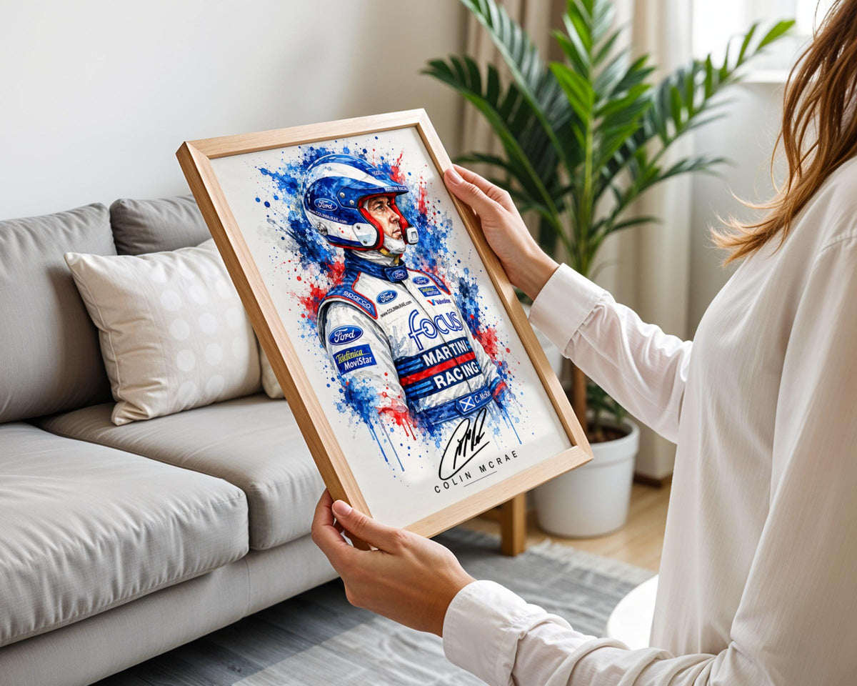 Colin McRae Martini Racing Poster, Ford Focus WRC Watercolour Splash Art (A4)