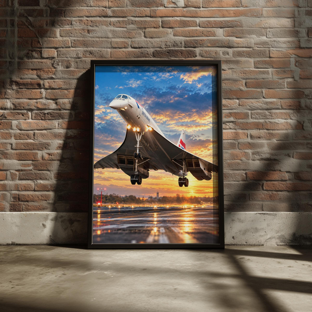 Concorde Takeoff Poster, British Airways Supersonic Jet, Sunset Runway (Aviation Print)