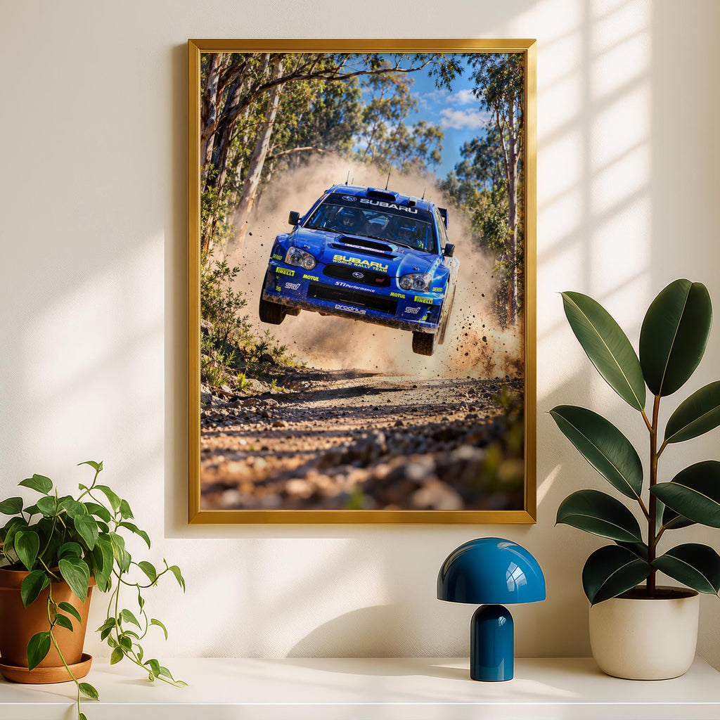 Blue Subaru WRC Rally Car Jump Poster, Dirt Track Action, Motorsport Wall Art (Print)