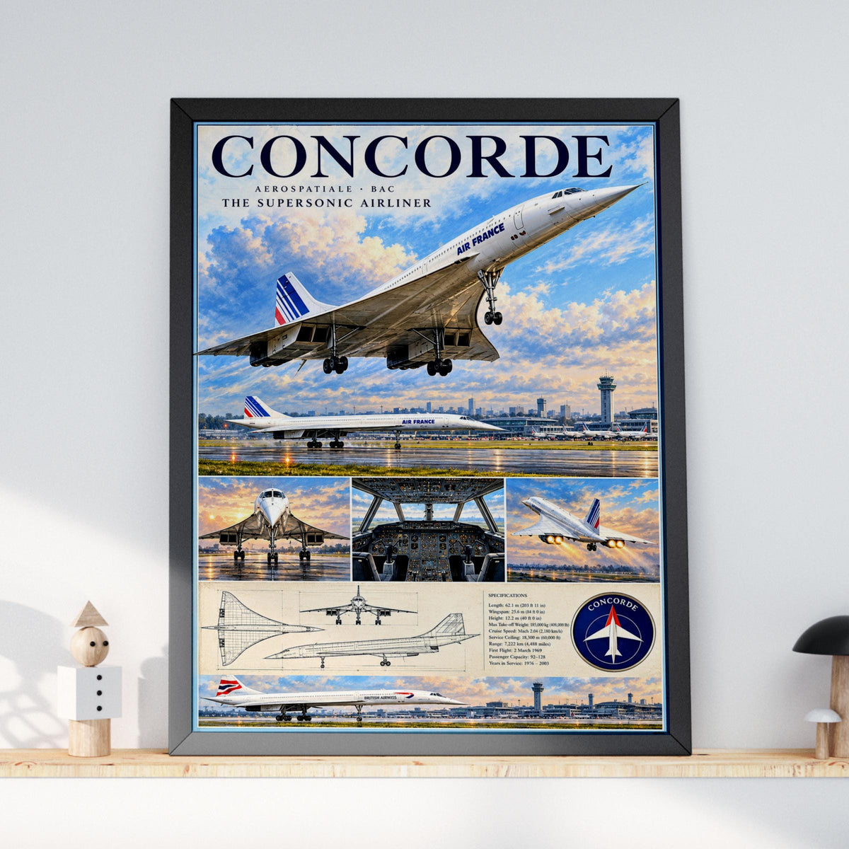 Concorde Supersonic Airliner Poster, Air France British Airways Aviation Art (Print)
