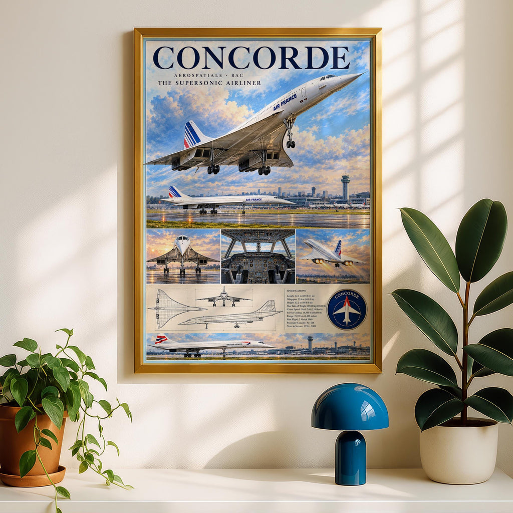 Concorde Supersonic Airliner Poster, Air France British Airways Aviation Art (Print)