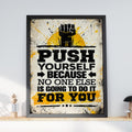 Push Yourself Motivational Poster, Grunge Gym Quote, Black Yellow Wall Art (A4)