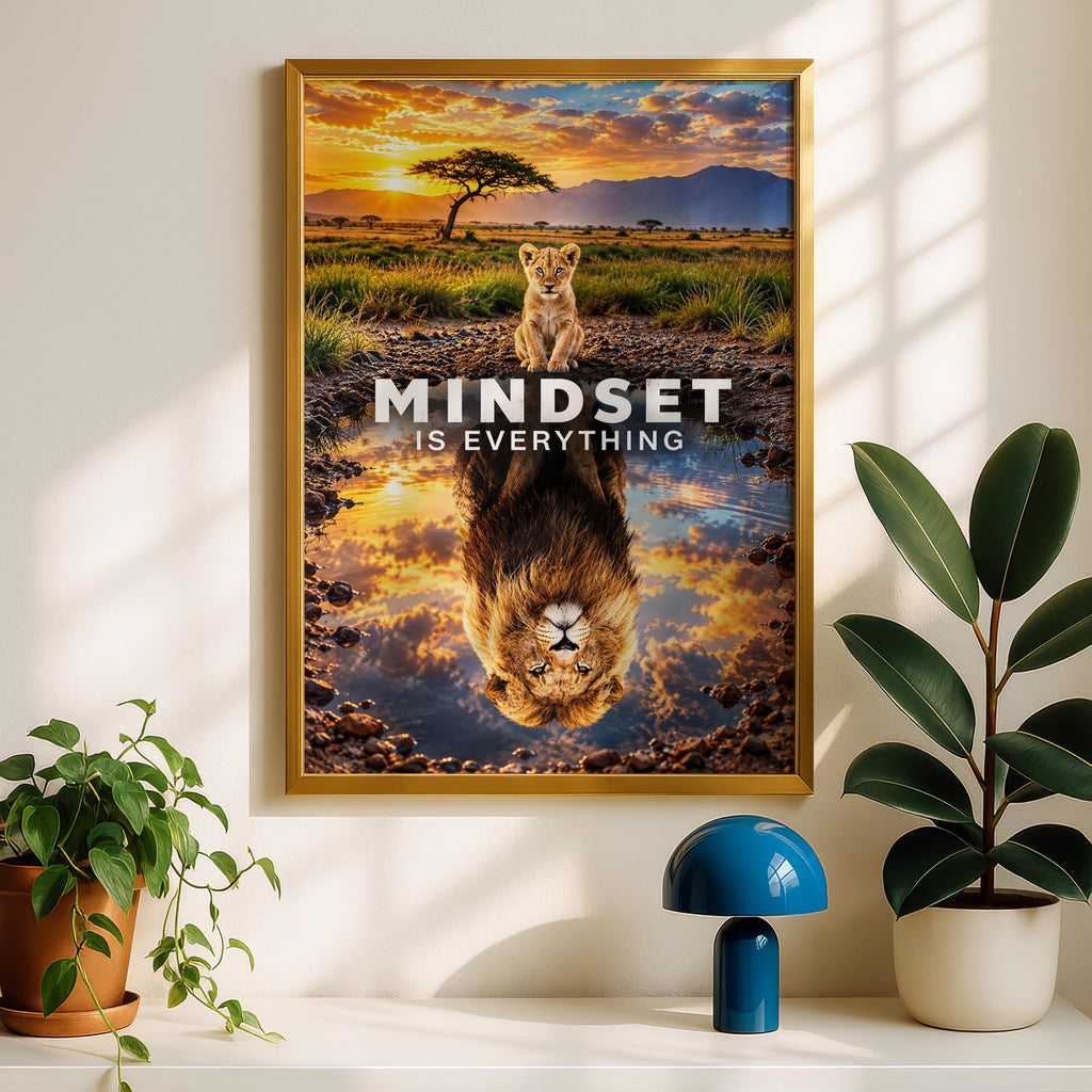 Mindset Is Everything Lion Cub Poster, Motivational Wall Art, Safari Sunset Print (300 DPI)