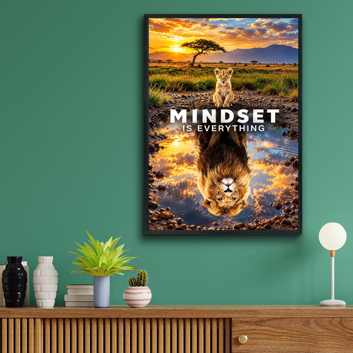 Mindset Is Everything Lion Cub Poster, Motivational Wall Art, Safari Sunset Print (300 DPI)