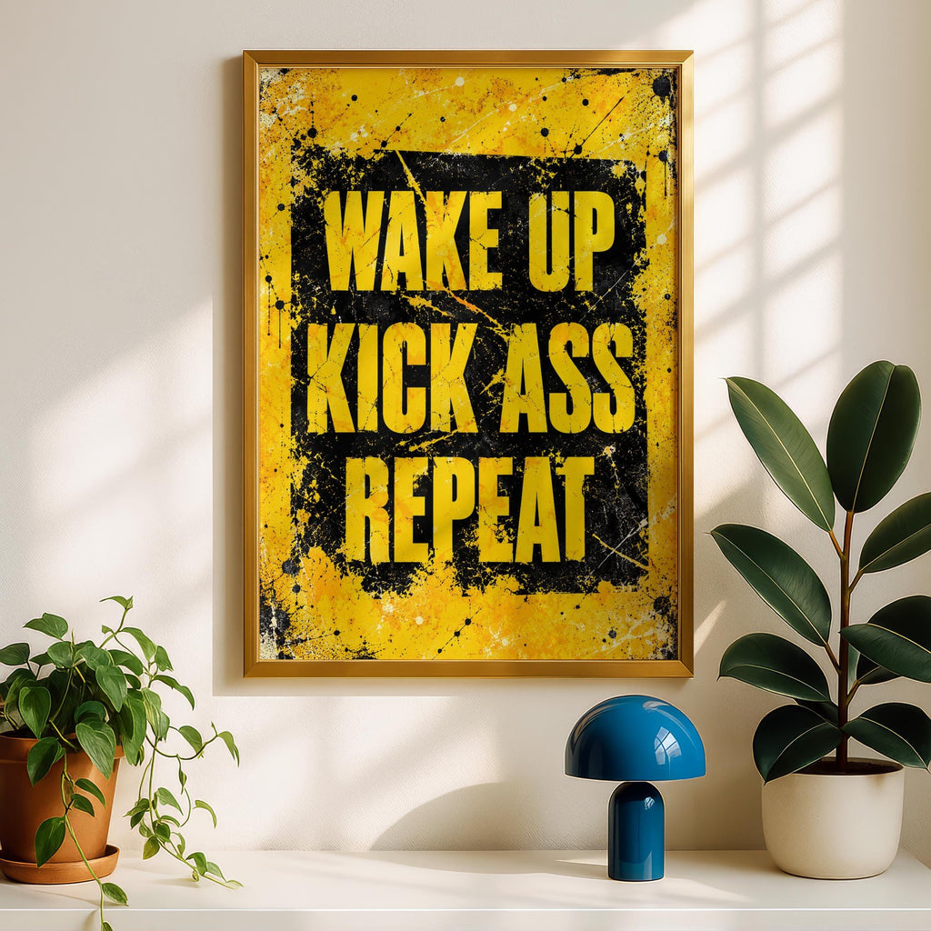 Grunge Motivational Poster, Yellow Black Gym Wall Art, Workout Hustle Decor (Physical Print)
