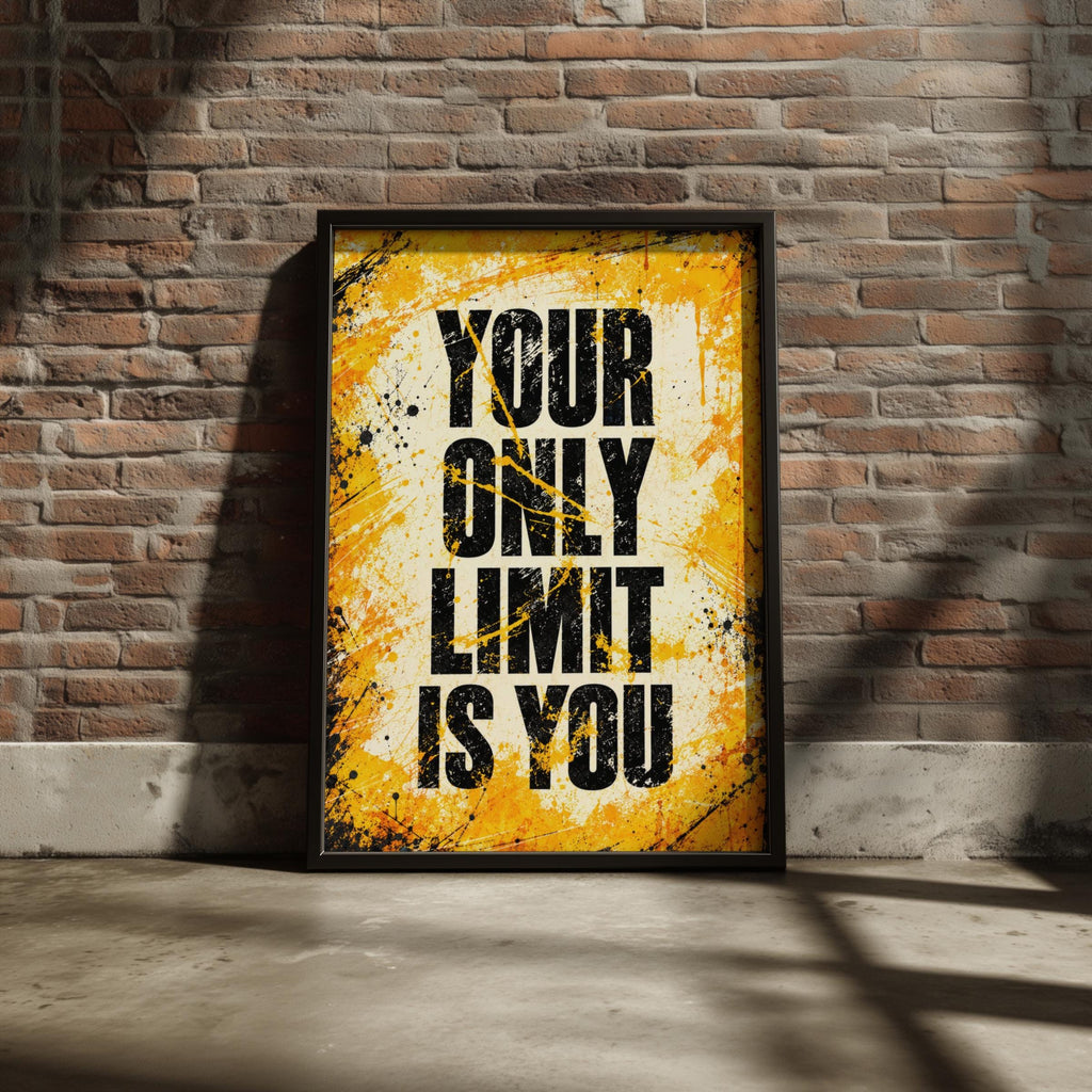 Your Only Limit Is You Motivational Poster, Bold Grunge Typography, Yellow Black Gym Decor