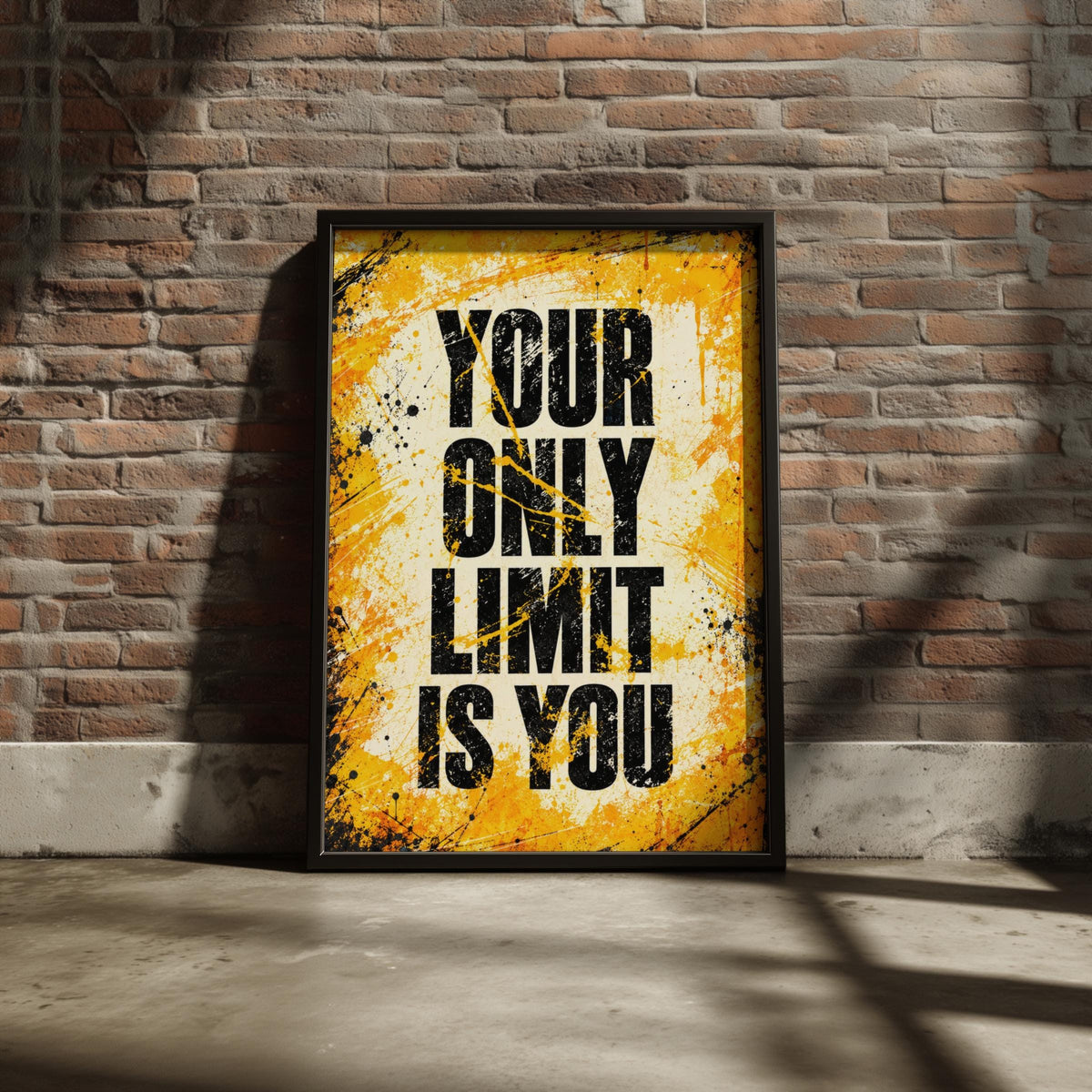 Your Only Limit Is You Motivational Poster, Bold Grunge Typography, Yellow Black Gym Decor