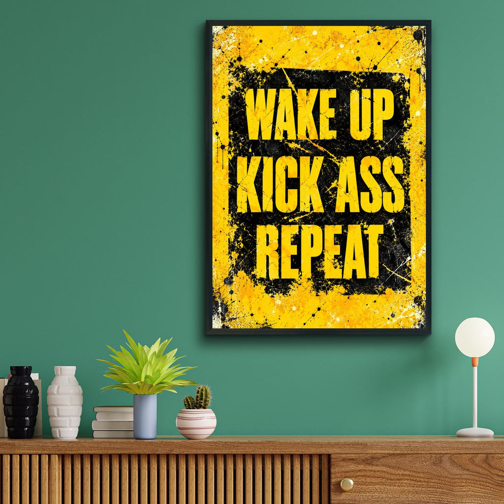 Grunge Motivational Poster, Yellow Black Gym Wall Art, Workout Hustle Decor (Physical Print)
