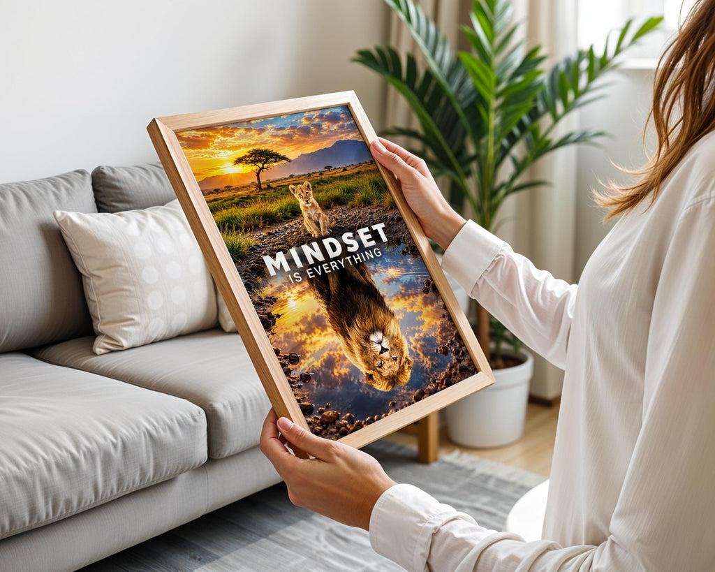 Mindset Is Everything Lion Cub Poster, Motivational Wall Art, Safari Sunset Print (300 DPI)