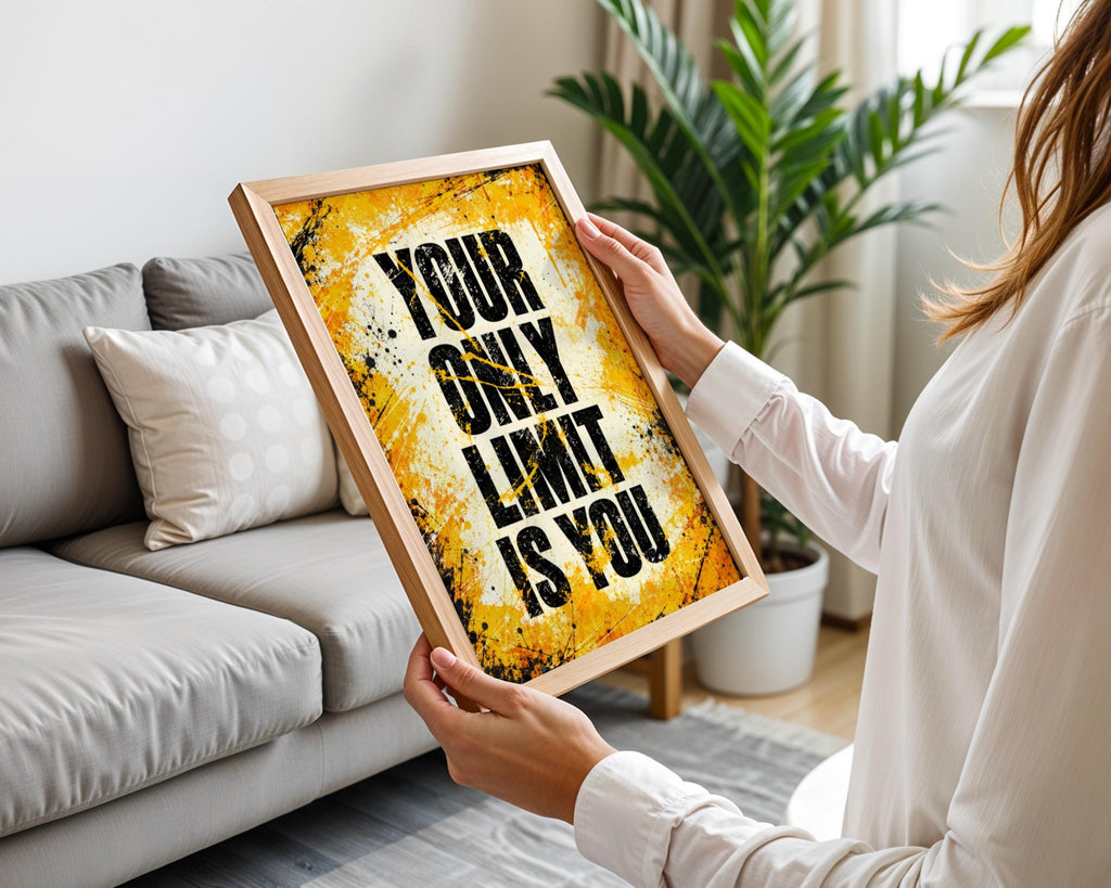 Your Only Limit Is You Motivational Poster, Bold Grunge Typography, Yellow Black Gym Decor