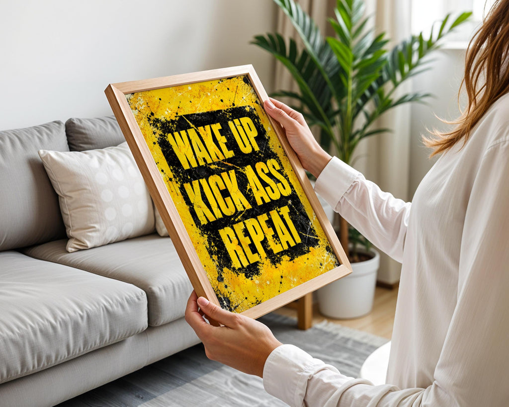 Grunge Motivational Poster, Yellow Black Gym Wall Art, Workout Hustle Decor (Physical Print)