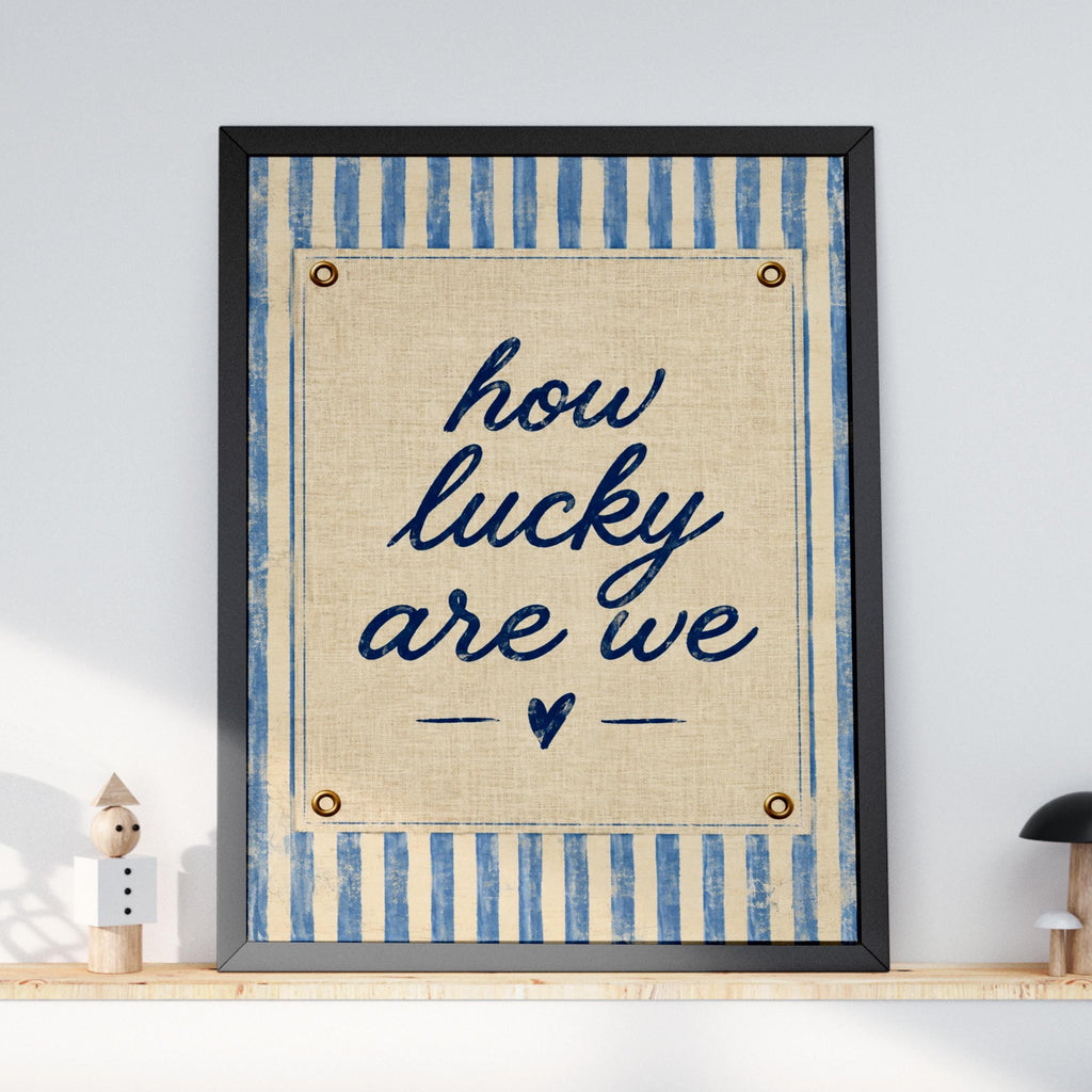 How Lucky Are We Print, Navy Blue Linen Texture, Coastal Home Decor (Framed)