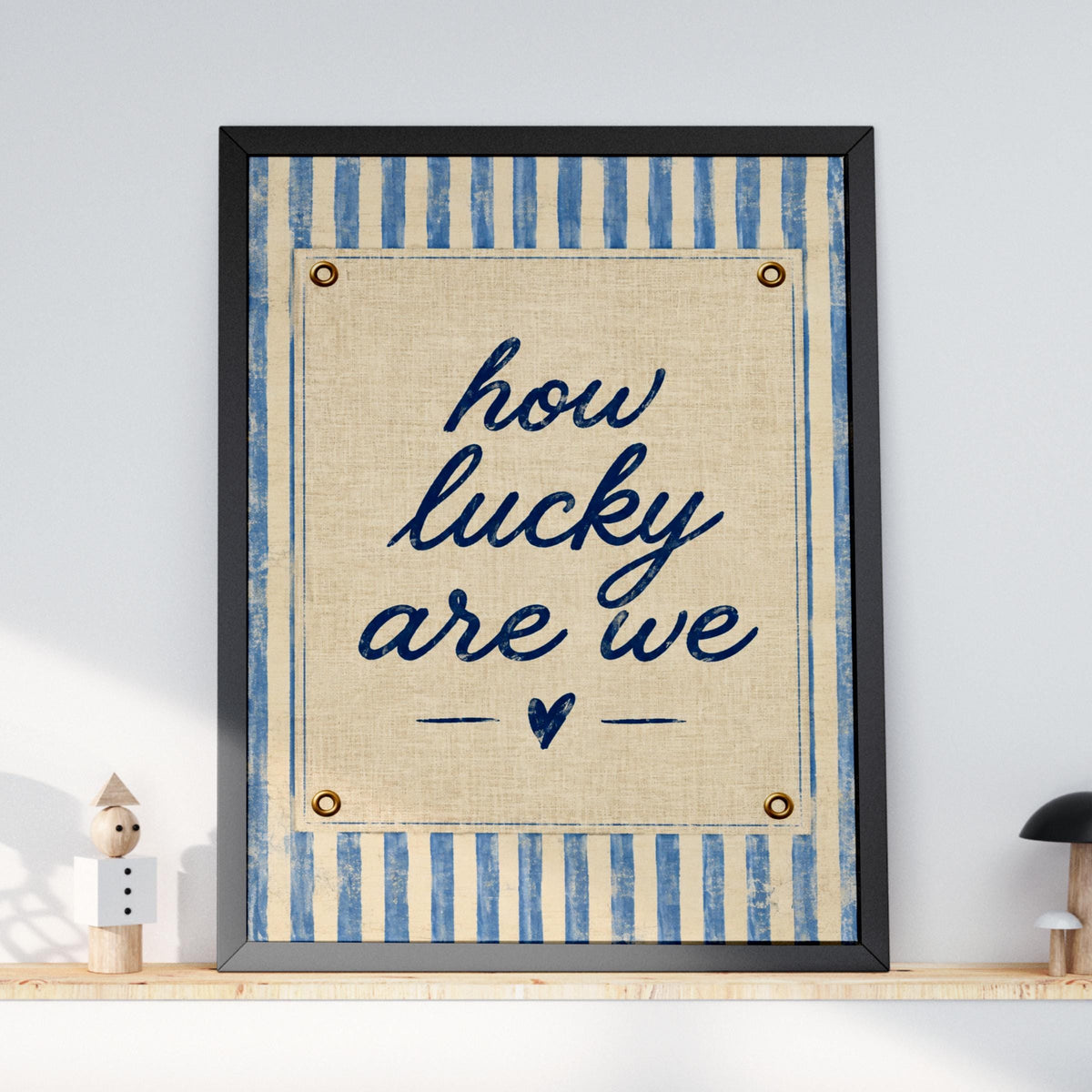 How Lucky Are We Print, Navy Blue Linen Texture, Coastal Home Decor (Framed)
