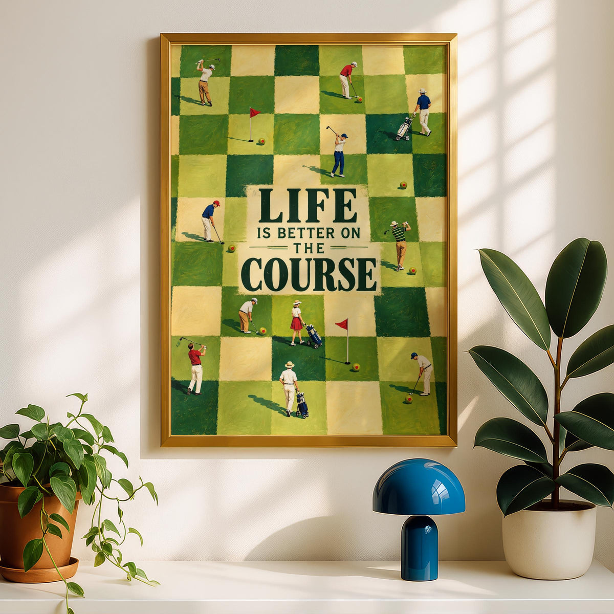 Retro Golf Poster, Life Is Better On The Course, Green Checkered Fairway Art (Print)