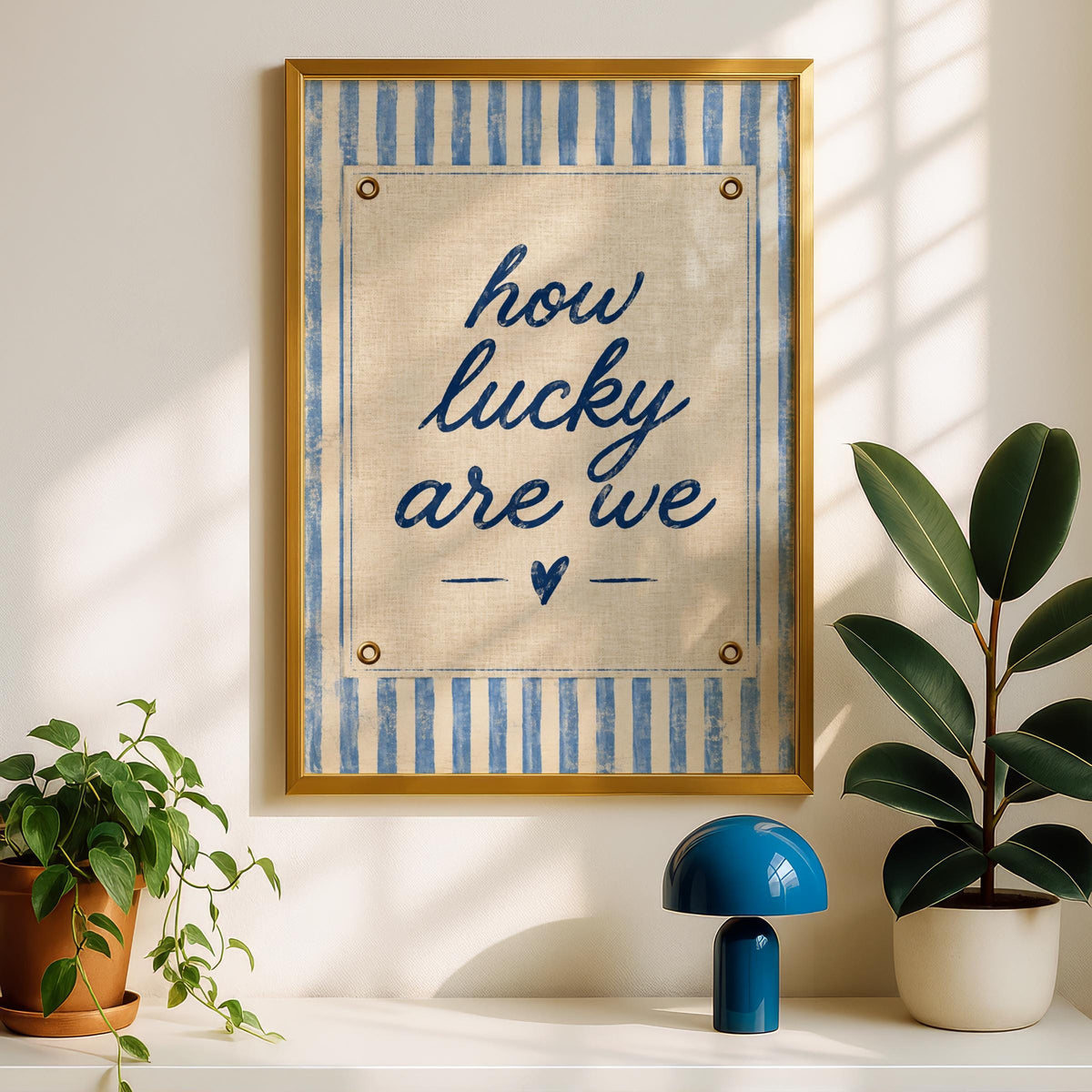 How Lucky Are We Print, Navy Blue Linen Texture, Coastal Home Decor (Framed)