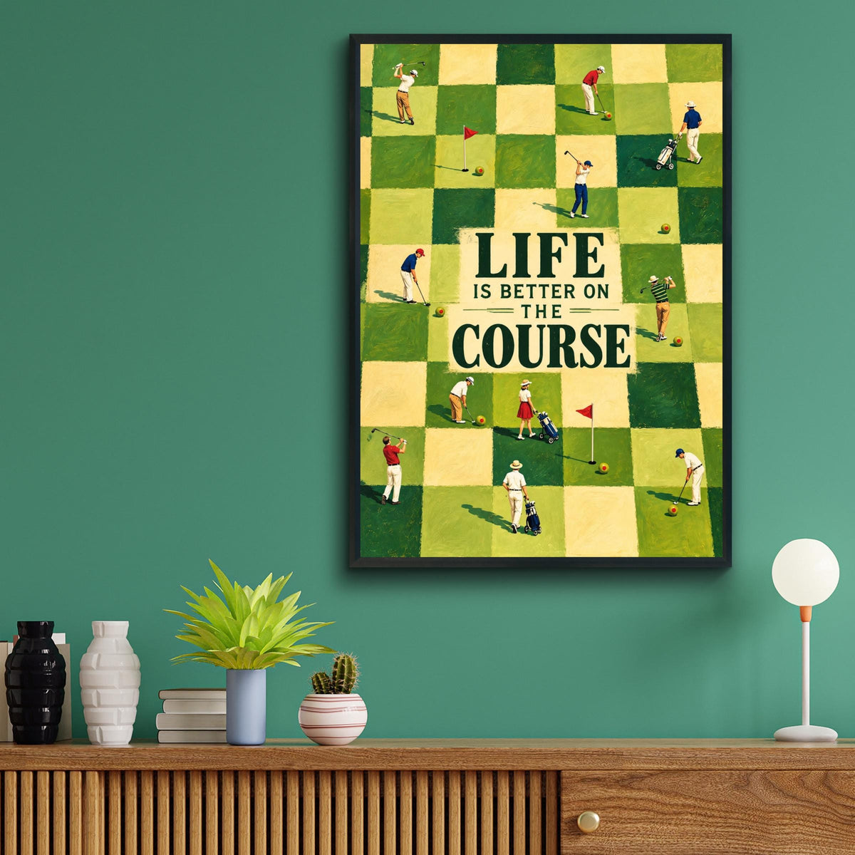 Retro Golf Poster, Life Is Better On The Course, Green Checkered Fairway Art (Print)