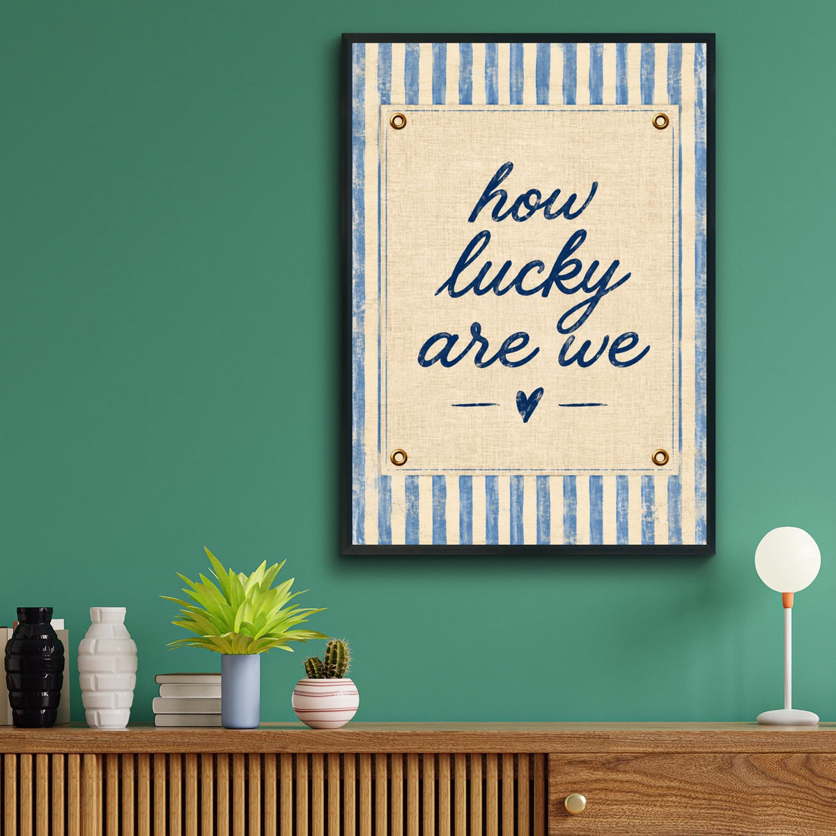 How Lucky Are We Print, Navy Blue Linen Texture, Coastal Home Decor (Framed)