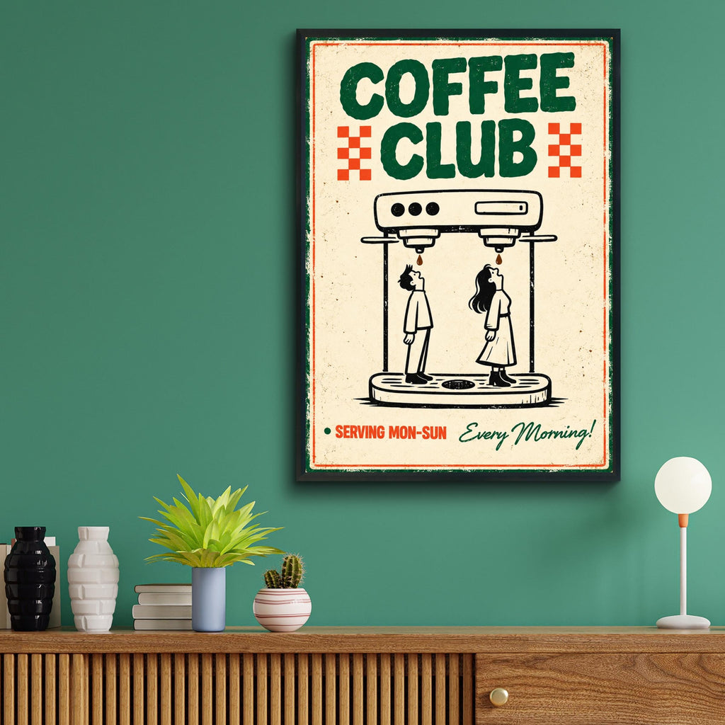 Retro Coffee Club Espresso Machine Poster, Vintage Cafe Wall Art (Print)