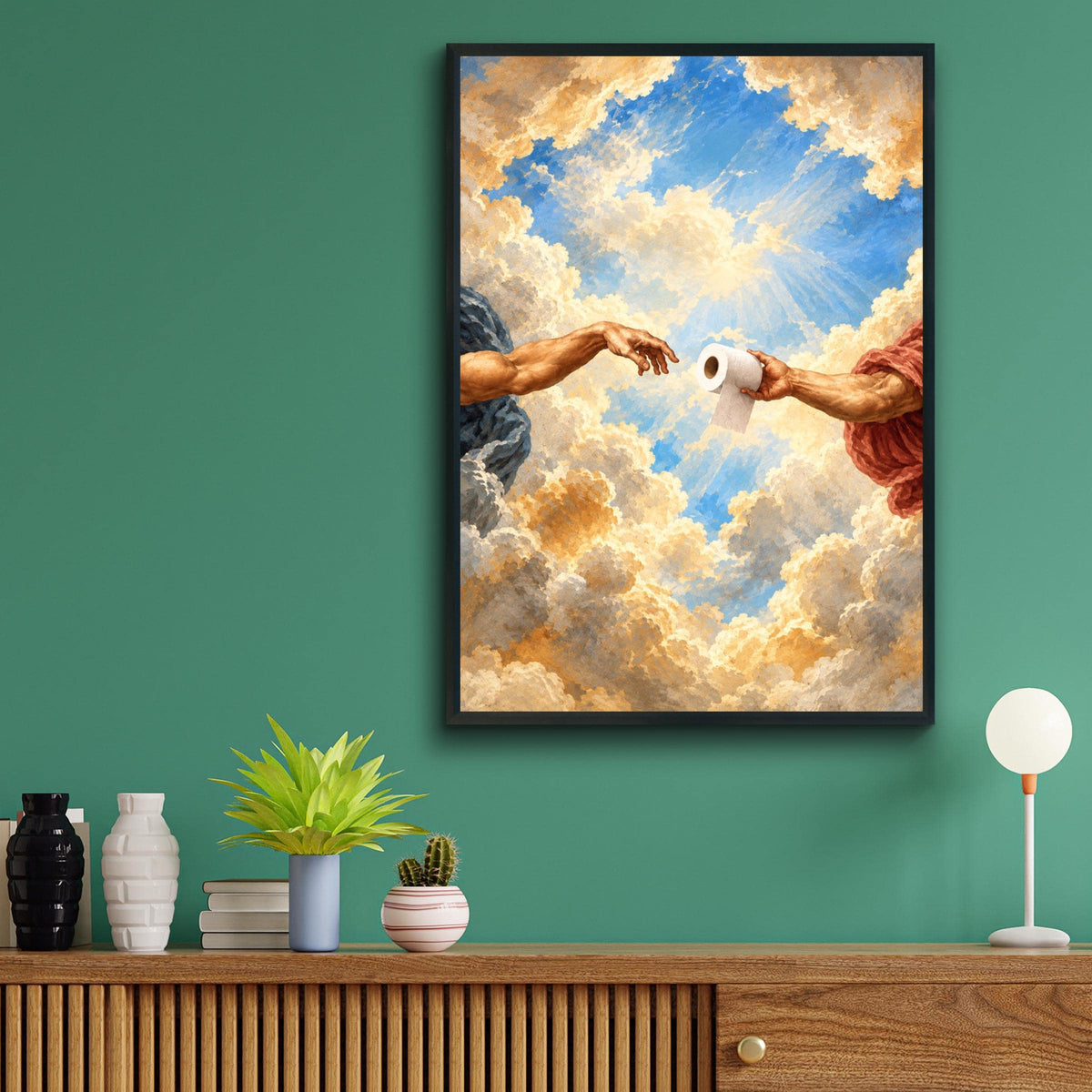 Renaissance Toilet Roll Art Print, Michelangelo Parody, Humorous Bathroom Wall Decor