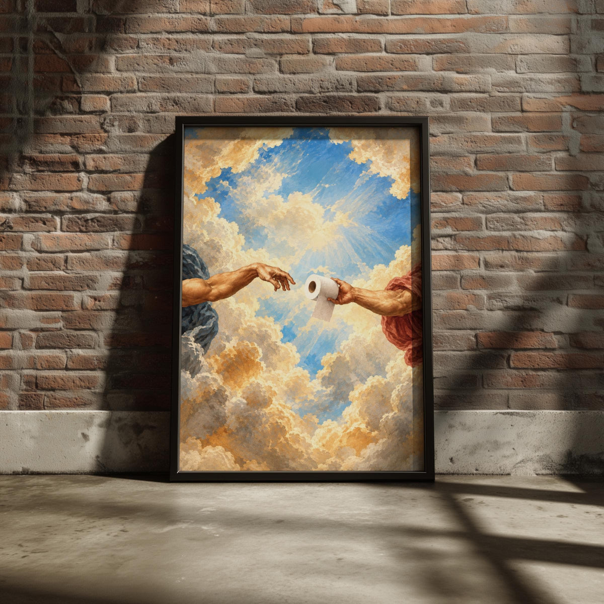 Renaissance Toilet Roll Art Print, Michelangelo Parody, Humorous Bathroom Wall Decor