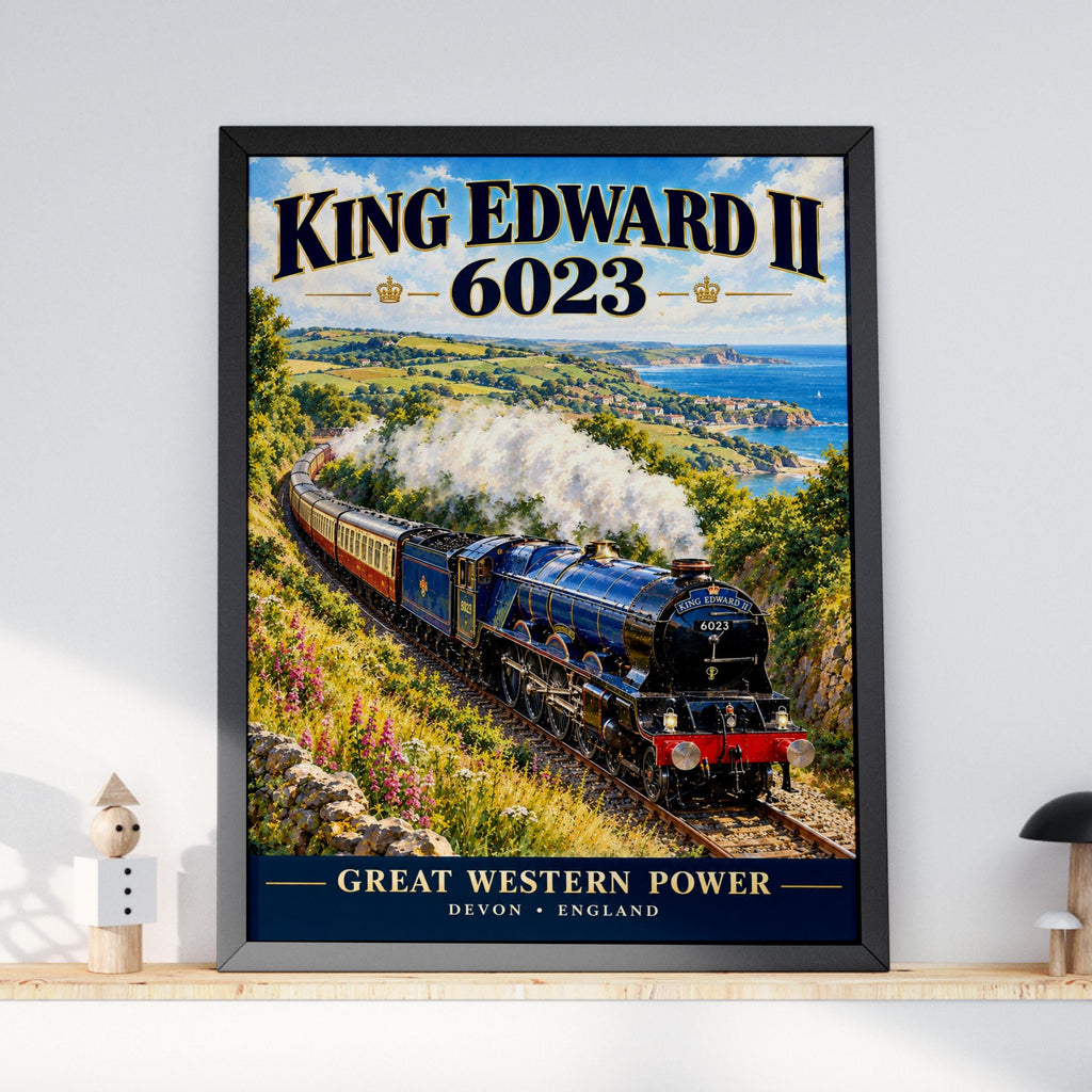 King Edward II 6023 Steam Train Poster, GWR Locomotive, Devon Coastal Scene (Print)