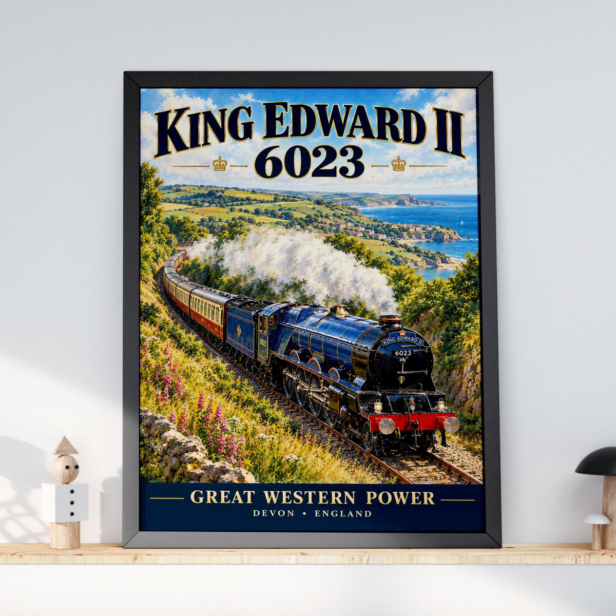 King Edward II 6023 Steam Train Poster, GWR Locomotive, Devon Coastal Scene (Print)