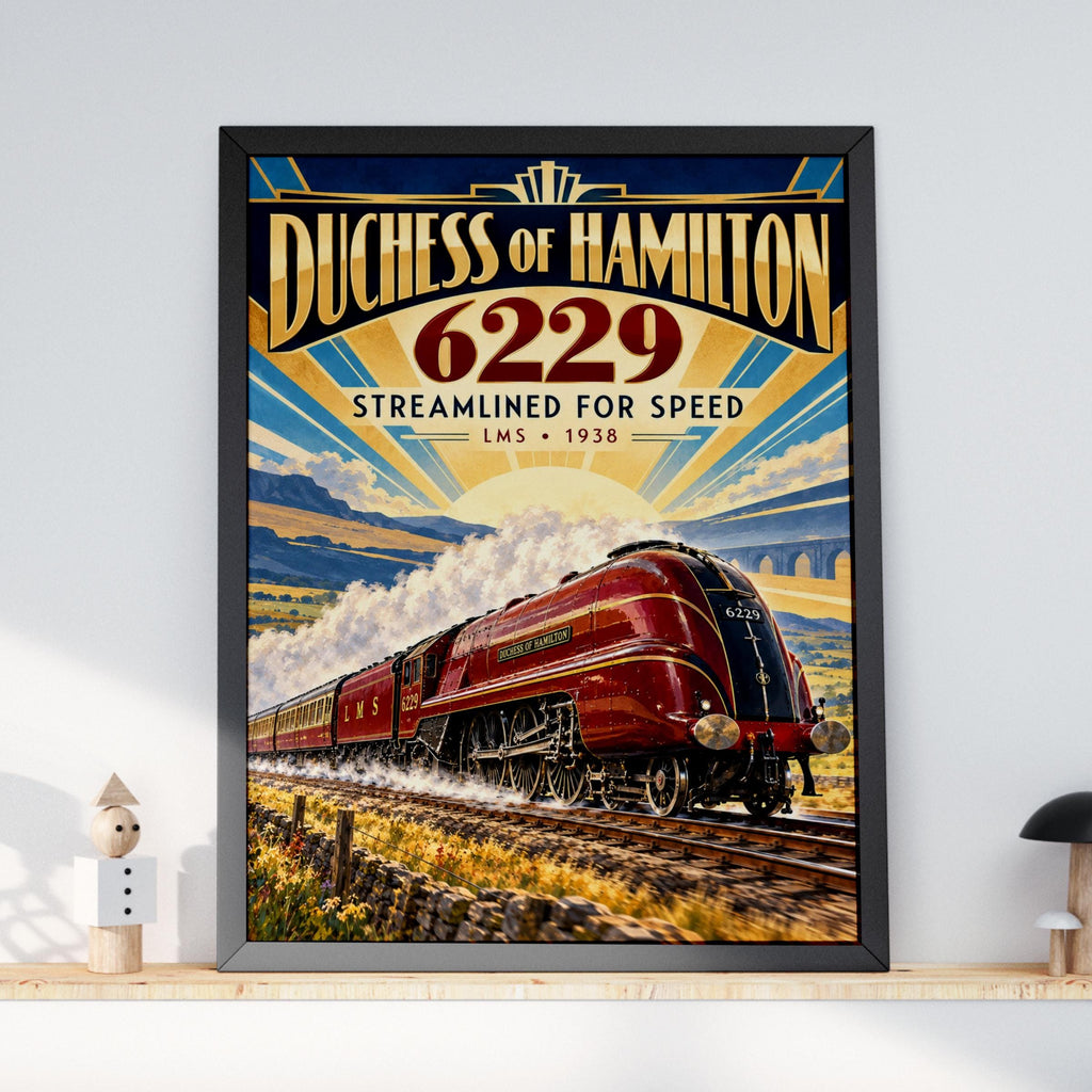 Duchess of Hamilton 6229 LMS Steam Train Poster, Art Deco Railway Print (1938)