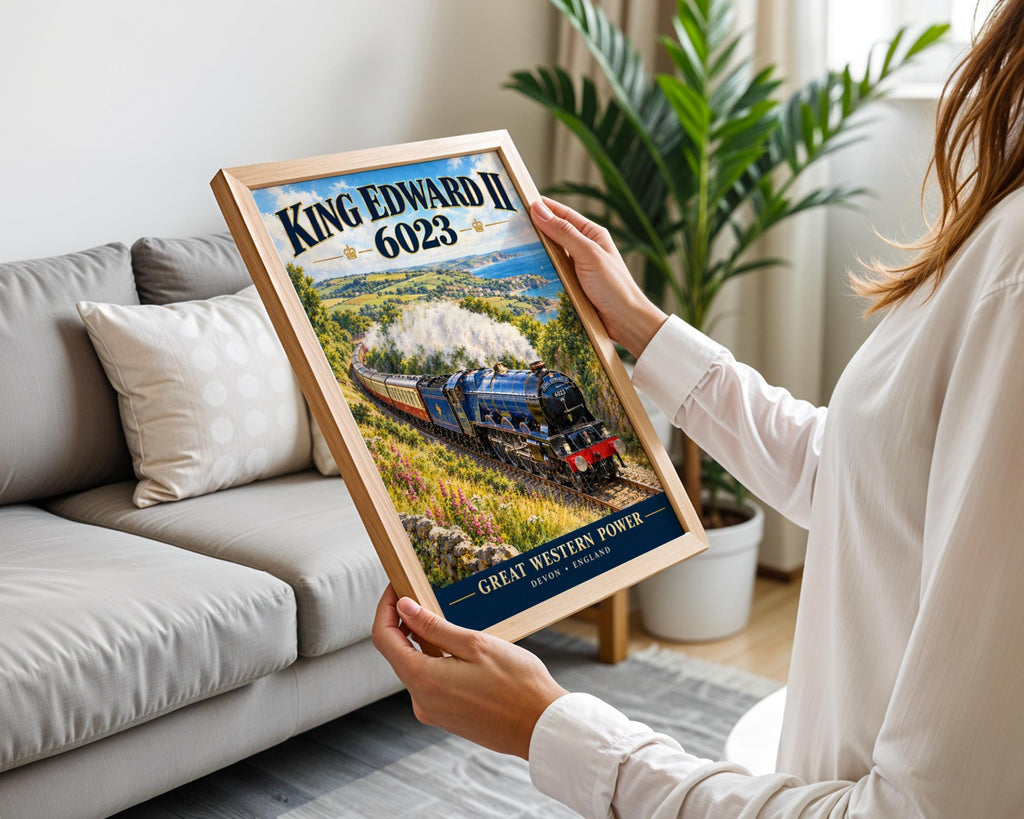 King Edward II 6023 Steam Train Poster, GWR Locomotive, Devon Coastal Scene (Print)