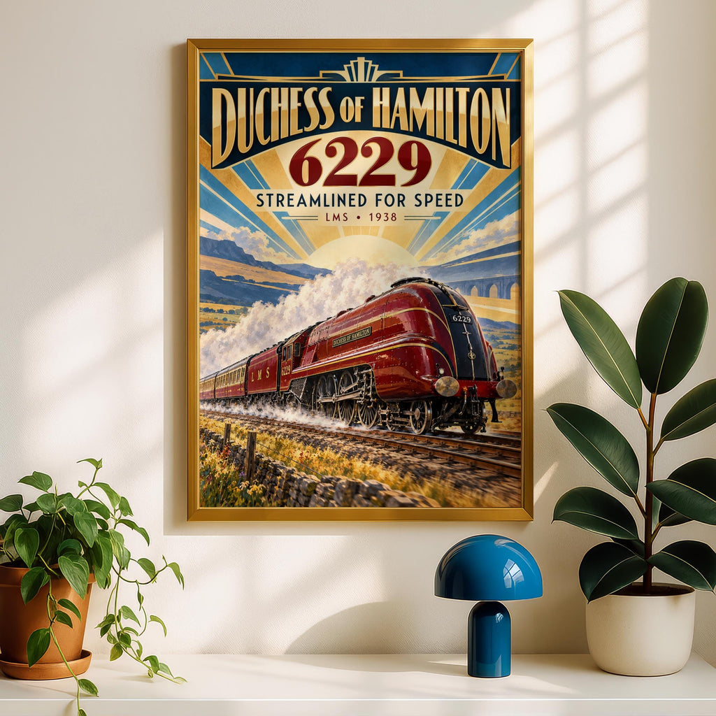 Duchess of Hamilton 6229 LMS Steam Train Poster, Art Deco Railway Print (1938)