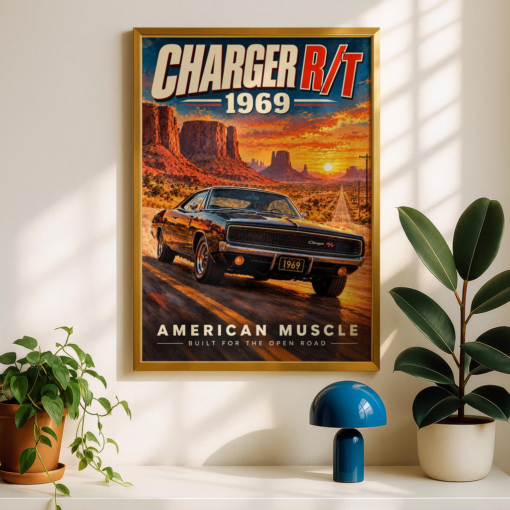 1969 Dodge Charger R/T Poster, American Muscle Car Art, Desert Sunset (Print)