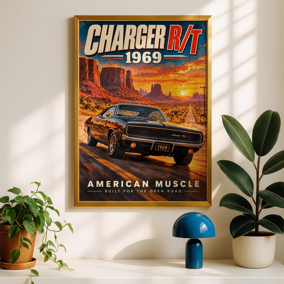 1969 Dodge Charger R/T Poster, American Muscle Car Art, Desert Sunset (Print)