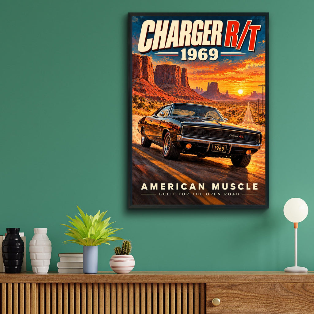1969 Dodge Charger R/T Poster, American Muscle Car Art, Desert Sunset (Print)