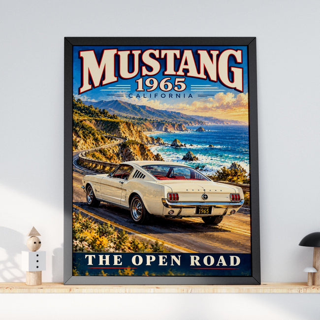 1965 Ford Mustang Fastback Poster, California Coastal Road Art (Printed Poster)