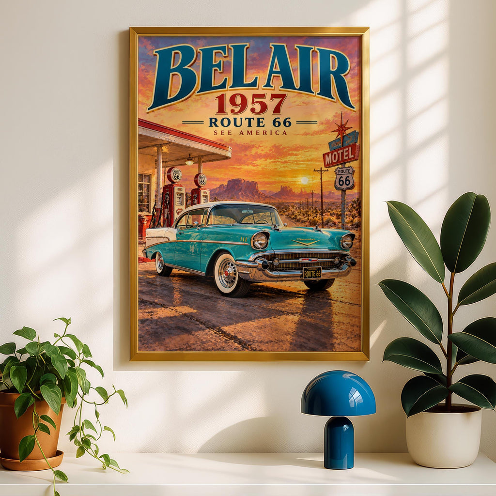1957 Chevy Bel Air Route 66 Poster, Retro Gas Station, Desert Sunset (Physical Print)
