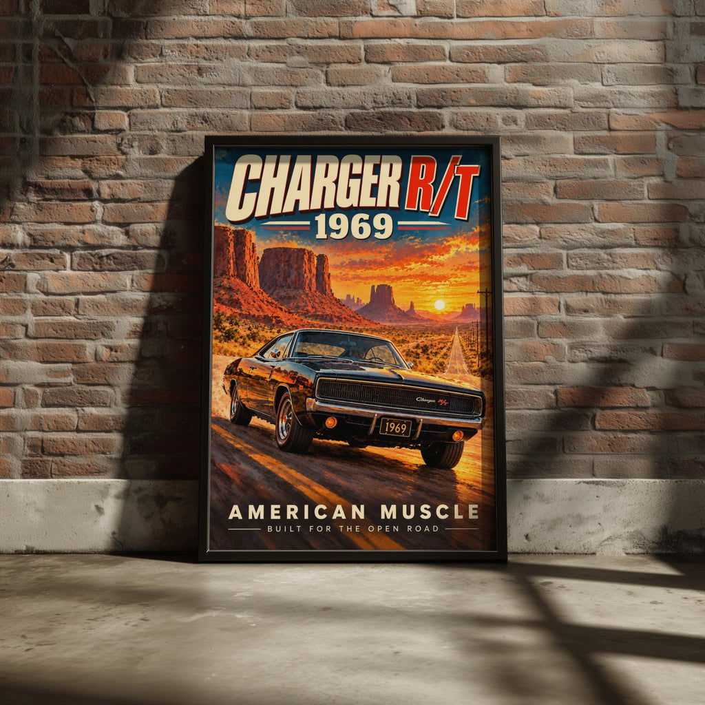 1969 Dodge Charger R/T Poster, American Muscle Car Art, Desert Sunset (Print)