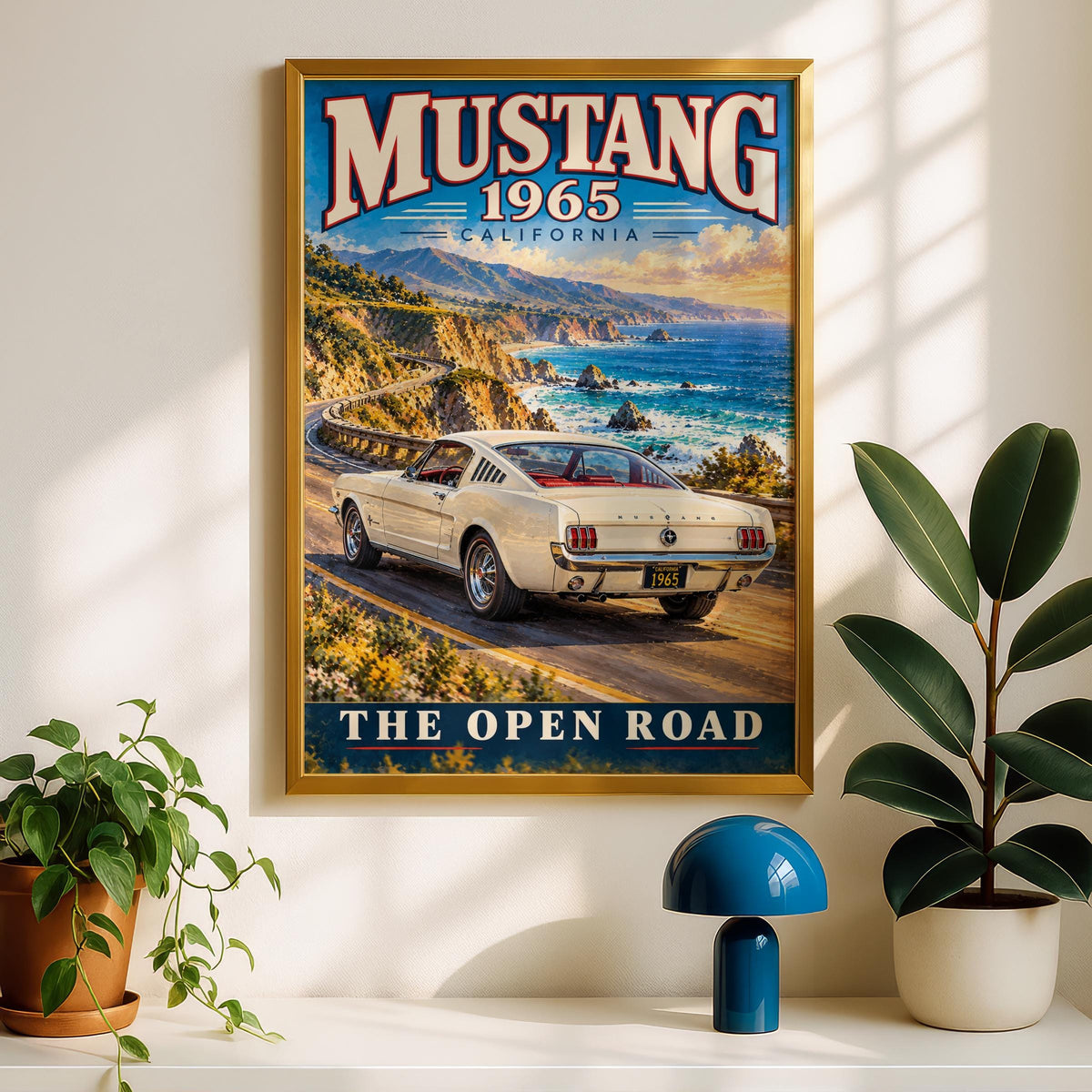 1965 Ford Mustang Fastback Poster, California Coastal Road Art (Printed Poster)