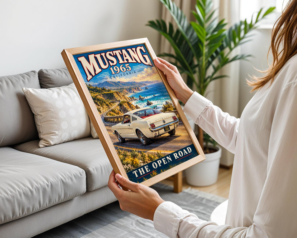 1965 Ford Mustang Fastback Poster, California Coastal Road Art (Printed Poster)