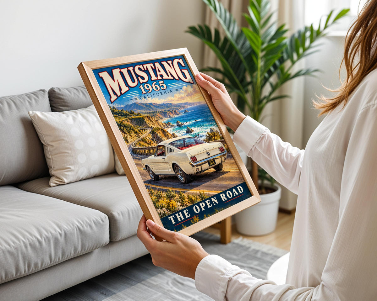 1965 Ford Mustang Fastback Poster, California Coastal Road Art (Printed Poster)