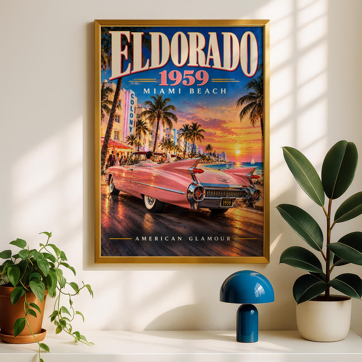 1959 Pink Cadillac Eldorado Miami Beach Poster, Retro American Glamour Art (Print)